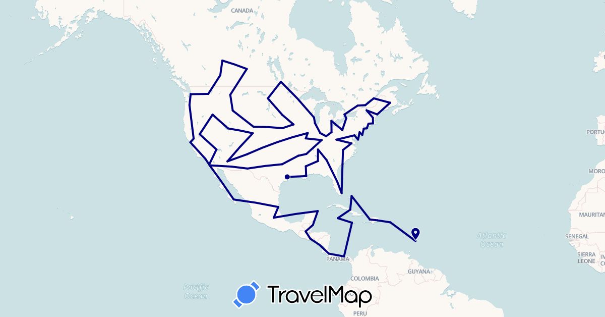 TravelMap itinerary: driving in Barbados, Bahamas, Belize, Canada, Costa Rica, Cuba, Dominican Republic, Guatemala, Haiti, Jamaica, Cayman Islands, Mexico, Nicaragua, Panama, Puerto Rico, El Salvador, United States (North America)
